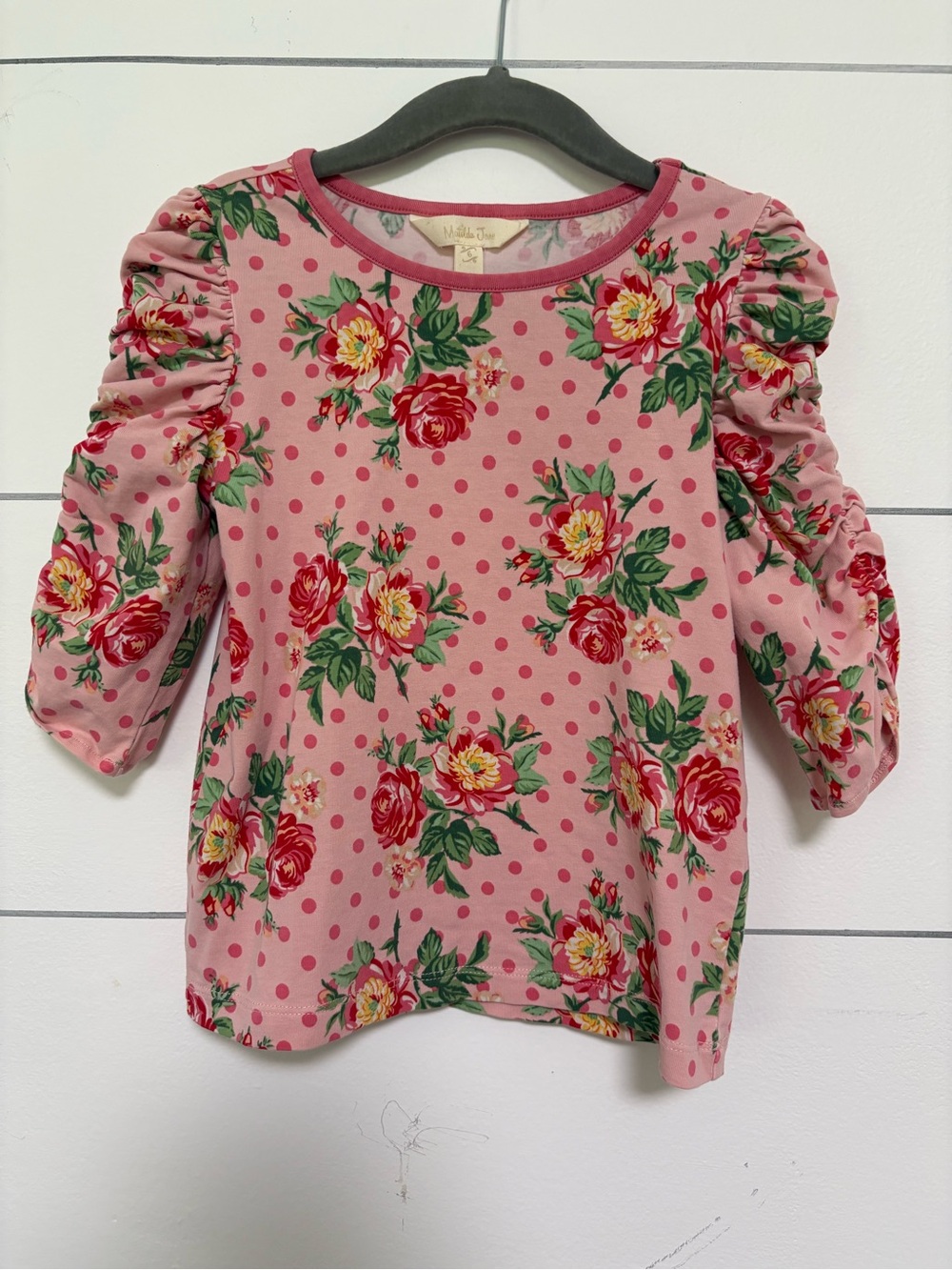 Matilda Jane Girls Size 6 Pink Floral Polka Dot Ruched Sleeve Top